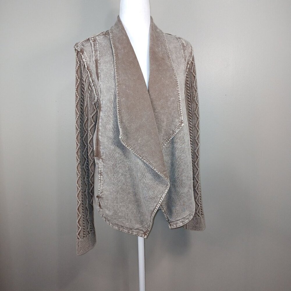 DISTRESSED DRAPE STYLE JACKET, MUSHROOM COLOR, SWEATER SLEEVES, SIZE LARGE